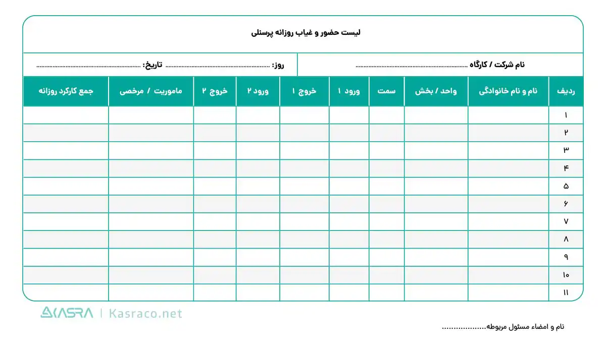 نمونه فرم حضور و غیاب روزانه پرسنل (فرم خام ساعت ورود و خروج)